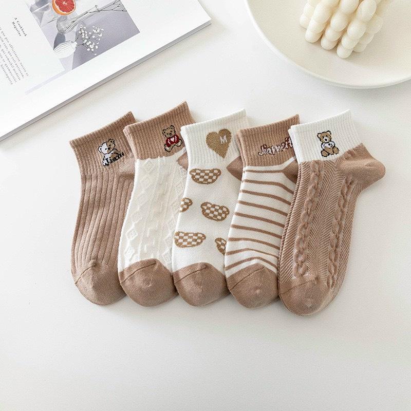 Tất nữ vớ cổ ngắn set 5 đôi nâu sữa họa tiết cute phong cách Hàn Quốc trẻ trung chất liệu co giãn thoáng mát