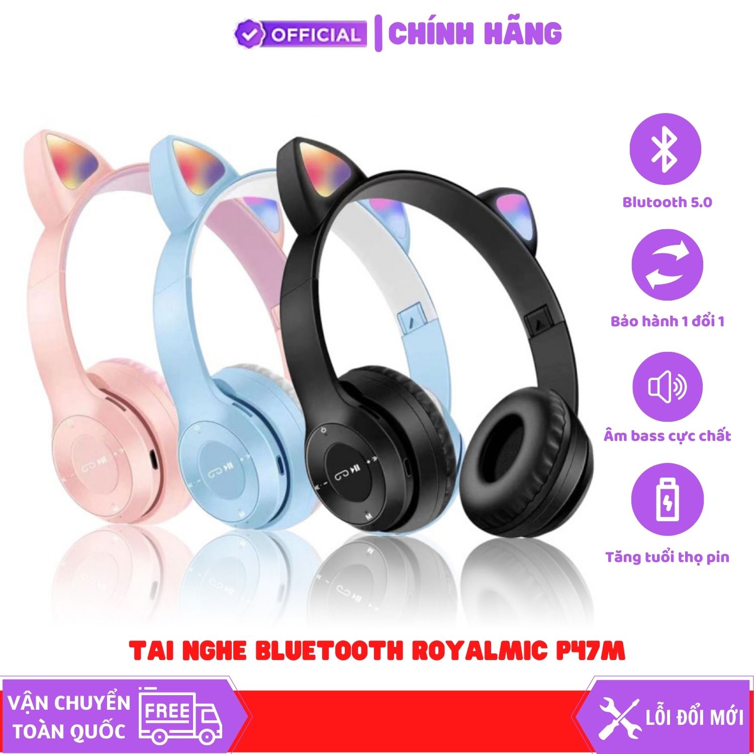 Tai Nghe Mèo ROYALMIC P47M Bluetooth , Có Đèn LED Headphone - Tai Mèo Bluetooth Không Dây Dễ Thương Có Mic Hỗ Trợ Điều Chỉnh Âm Lượng - Tai Nghe Bluetooth Chụp Tai Không Dây - Hàng Chính Hãng