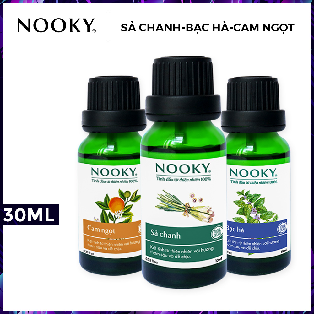 Combo 3 chai tinh dầu cao cấp NOOKY: tinh dầu Sả chanh (10ml) + tinh dầu Bạc hà (10ml) + tinh dầu Cam ngọt (10ml)