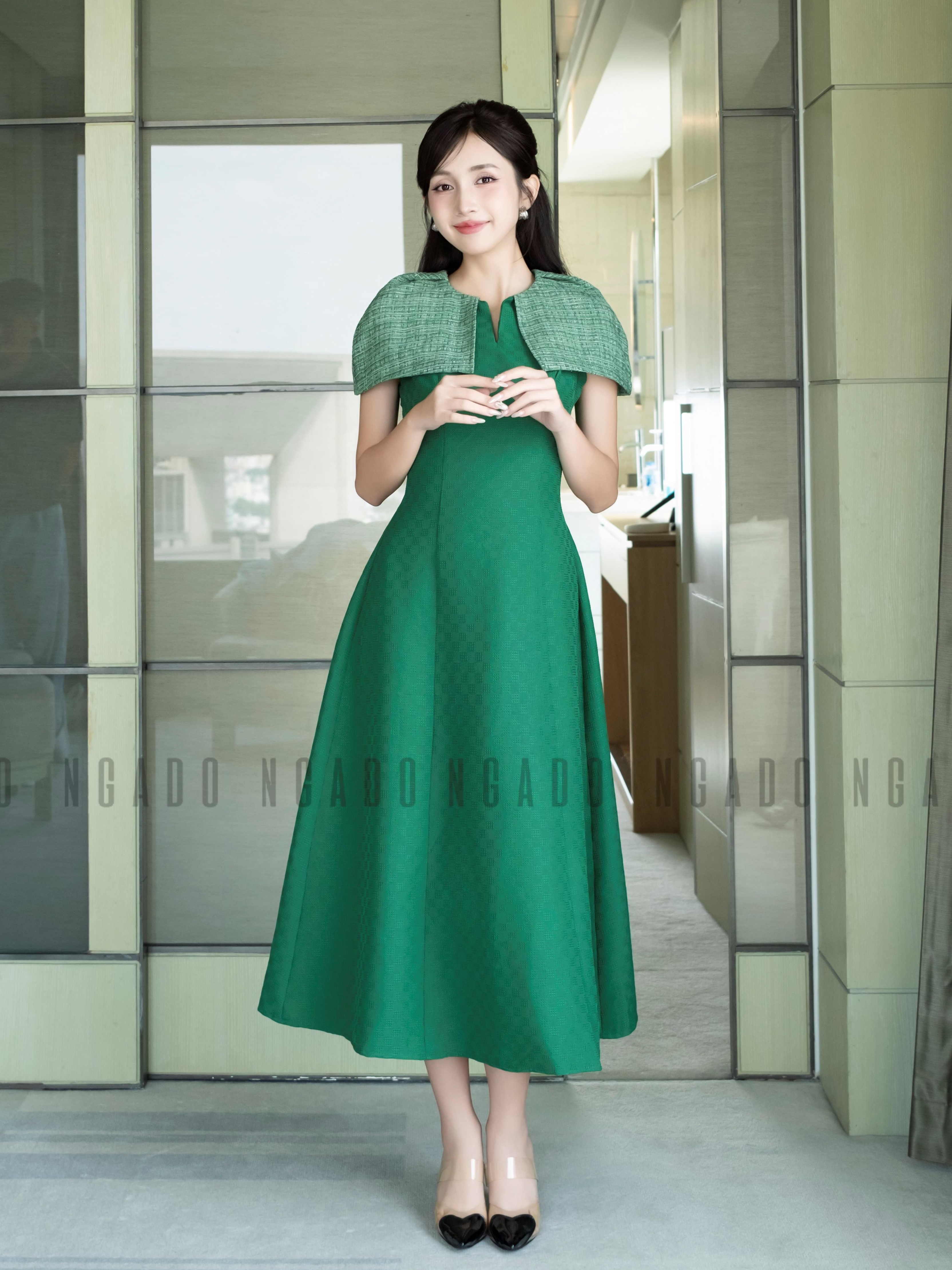 Đầm xanh lá phối tweed NGADO , đầm dự tiệc dáng dài , đầm thiết kế
