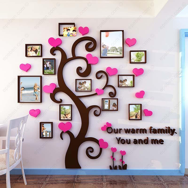 Tranh dán tường mica 3d decor khổ lớn khung ảnh trên cây tình yêu trang trí phòng khách, phòng làm việc, phòng họp