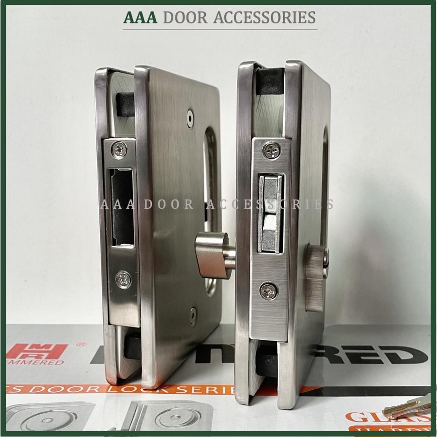 Khóa cửa kính 2 cánh tay nắm âm vuông HAMMERED - Khoá cửa kính cường lực INOX304 mờ