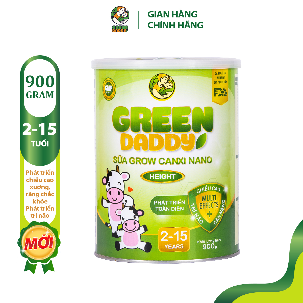 Sữa bột tăng chiều cao Green Daddy Grow canxi nano lon 900g, hỗ trợ phát triển toàn diện, trí não và cân nặng, dành cho bé từ 2 - 15 tuổi