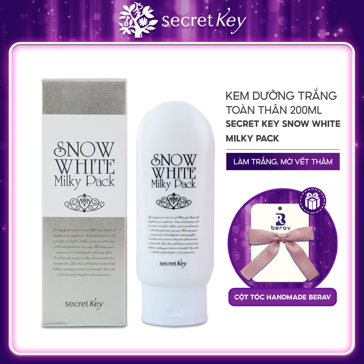 Kem Dưỡng Trắng Da Mặt và Toàn Thân Secret Key Snow White Milky Pack (200ml) - Tặng Kèm Cột Tóc Nơ BERAV Handmade Annie Ribbon Giao Màu Ngẫu Nhiên