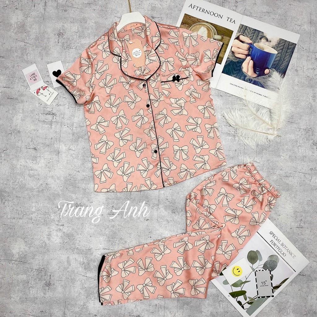Đồ ngủ pijama lụa Satin cao cấp. Set bộ mặc nhà chất liệu siêu mềm mịn, thoáng mát - họa tiết trái tim siêu dễ thương