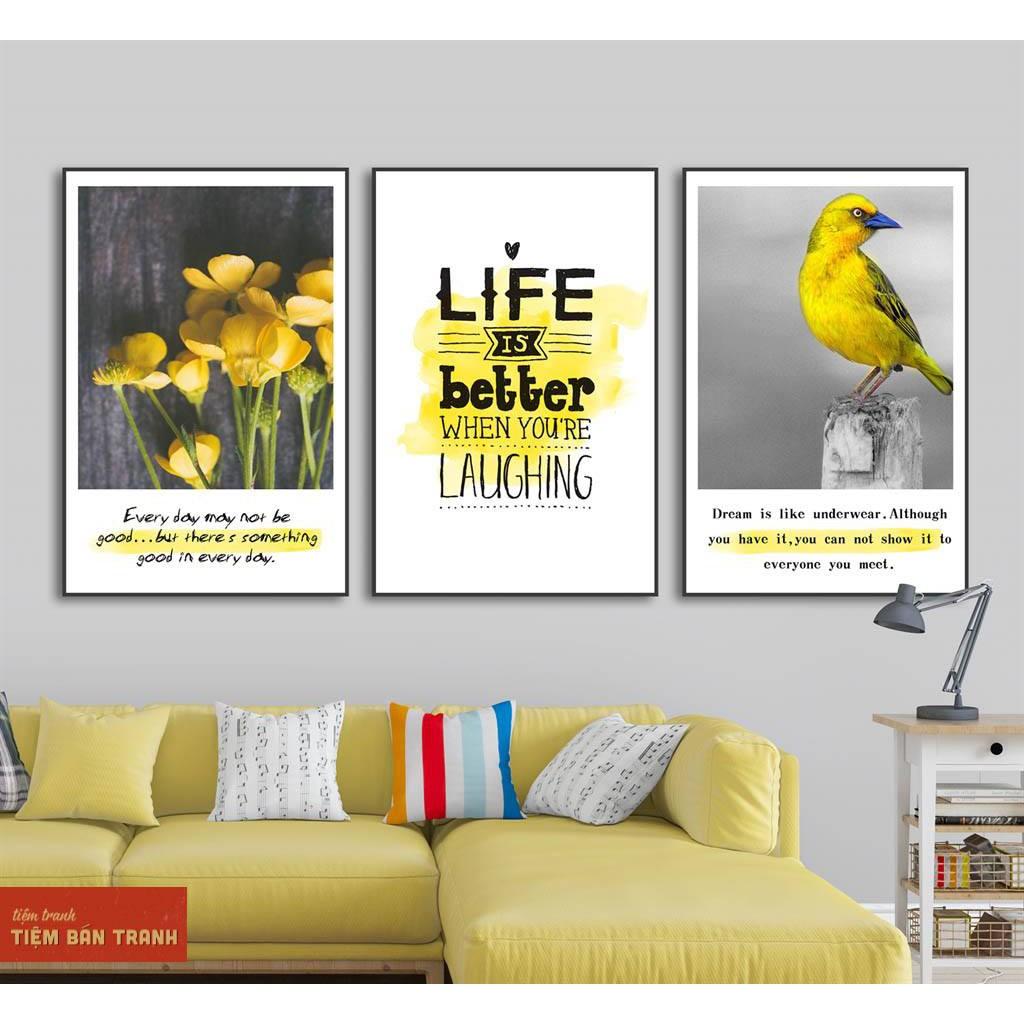 Tranh Giá Rẻ L2 - Size Nhỏ Bộ 3 Tranh canvas in theo yêu cầu, viền đen khung gỗ, tặng kèm đinh treo