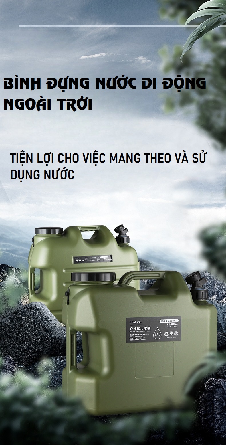 Bình đựng nước, can chứa nước 10L/12L/18L/25L cắm trại, dã ngoại ngoài trời với nắp dự phòng nhỏ + ống nối dài + bàn chải