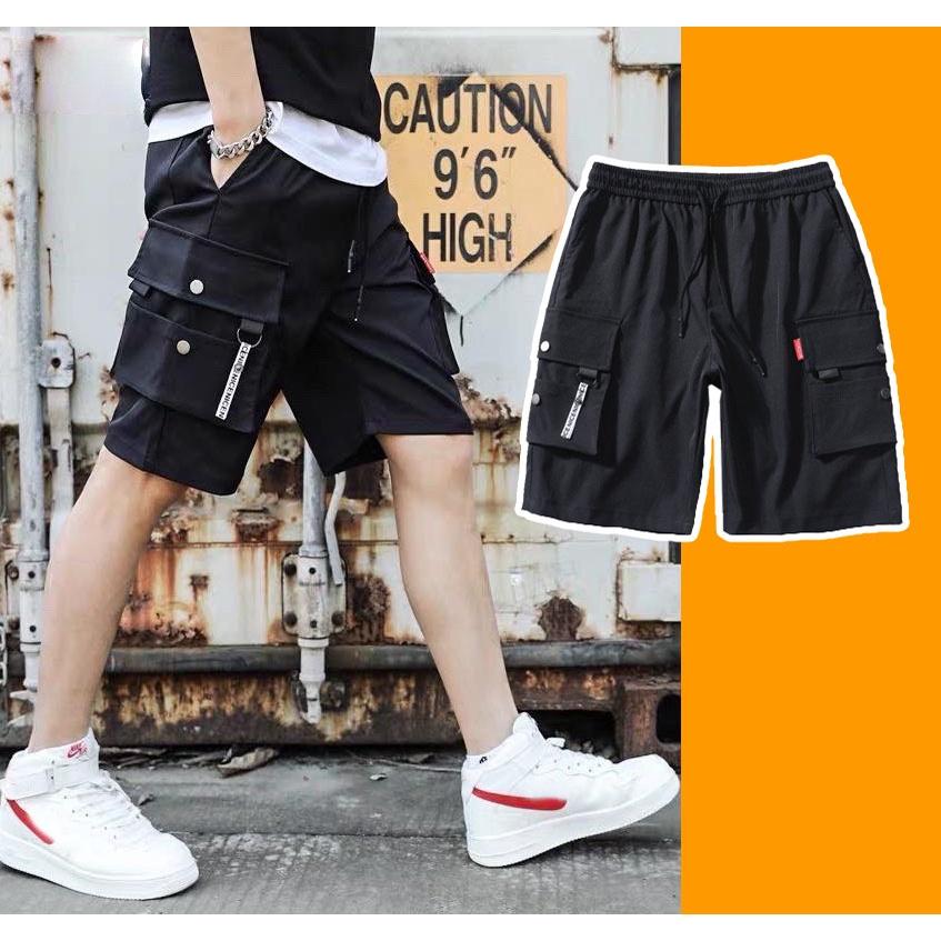 Quần Short Kaki Túi Hộp khóa dây nai nam - Sọt Lững Kiểu Dáng Thể Thao Unisex một Màu Đen 04x.