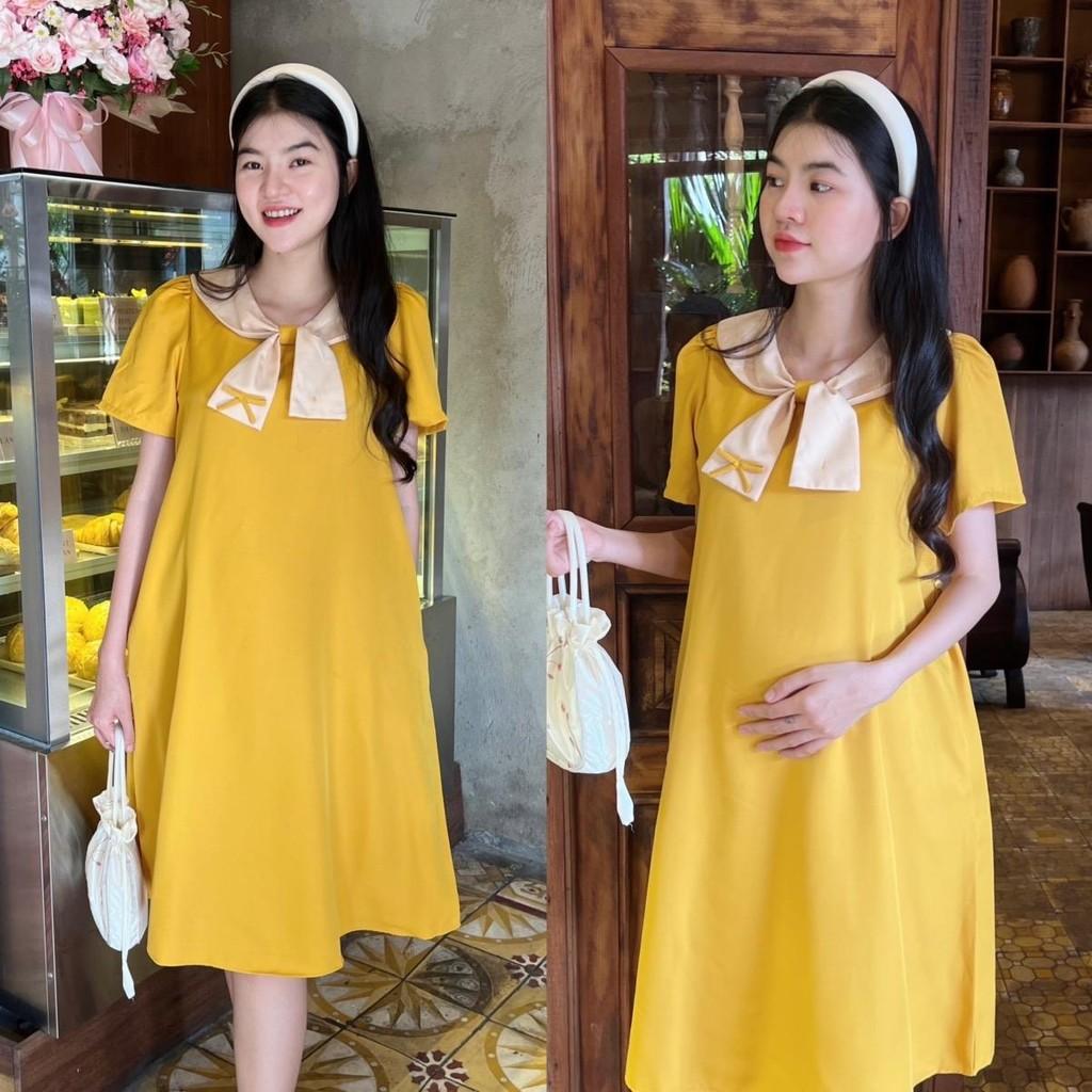 Đầm bầu cotton lạnh phối cổ thắt nơ phom suông gọn dáng, thanh lịch, dễ thương - Xanh đen