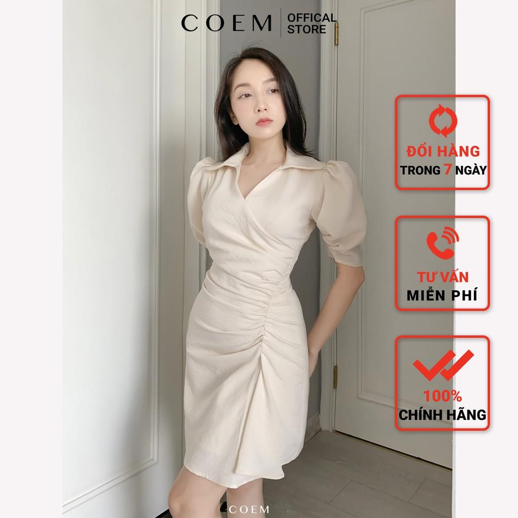 Đầm Sơ Mi Dáng Ngắn Nhún Eo Lệch Tay Phồng Màu Beige Chất Liệu Linen Premium CO EM Thiế Kế Phù Hợp Công Sở Đi Dạo Phố