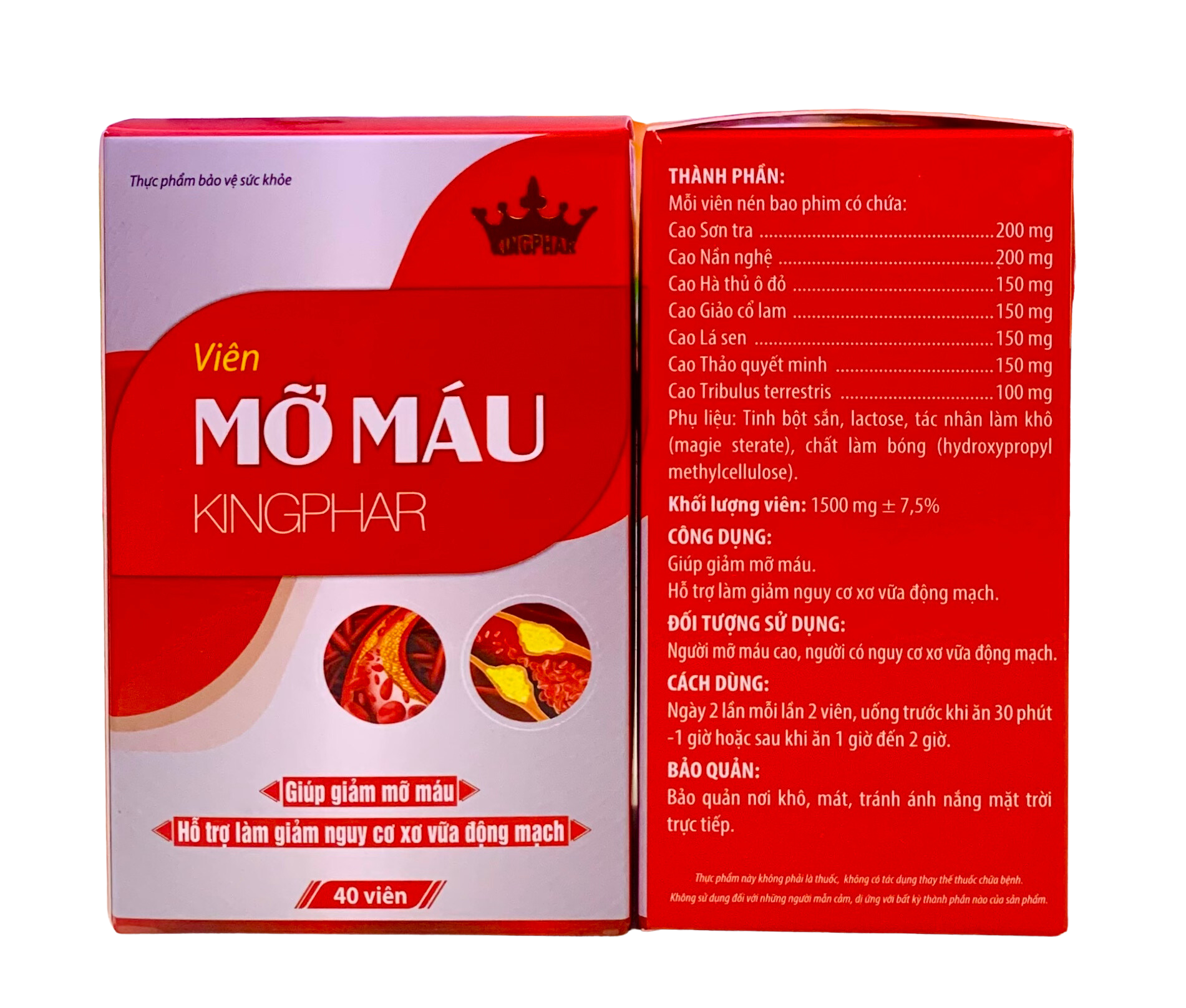 Viên mỡ máu Kingphar, hộp 40v, hỗ trợ hạ mỡ máu, giảm nguy cơ xơ vữa mạch máu