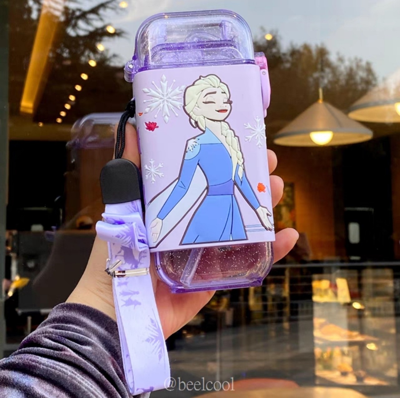 Bình nước ống hút nhựa tritan dáng chữ nhật Disney 3D Frozen tím 280ml cho trẻ em 4443