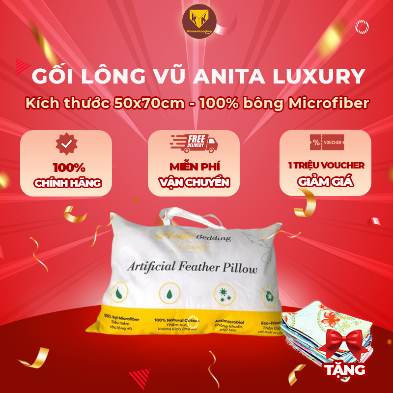 Gối Lông Vũ Anita cao cấp chất lượng khách sạn 5 sao - Cấu tạo mềm mại, tơi xốp và êm ái, kháng khuẩn, nấm mốc - Tặng kèm vỏ gối