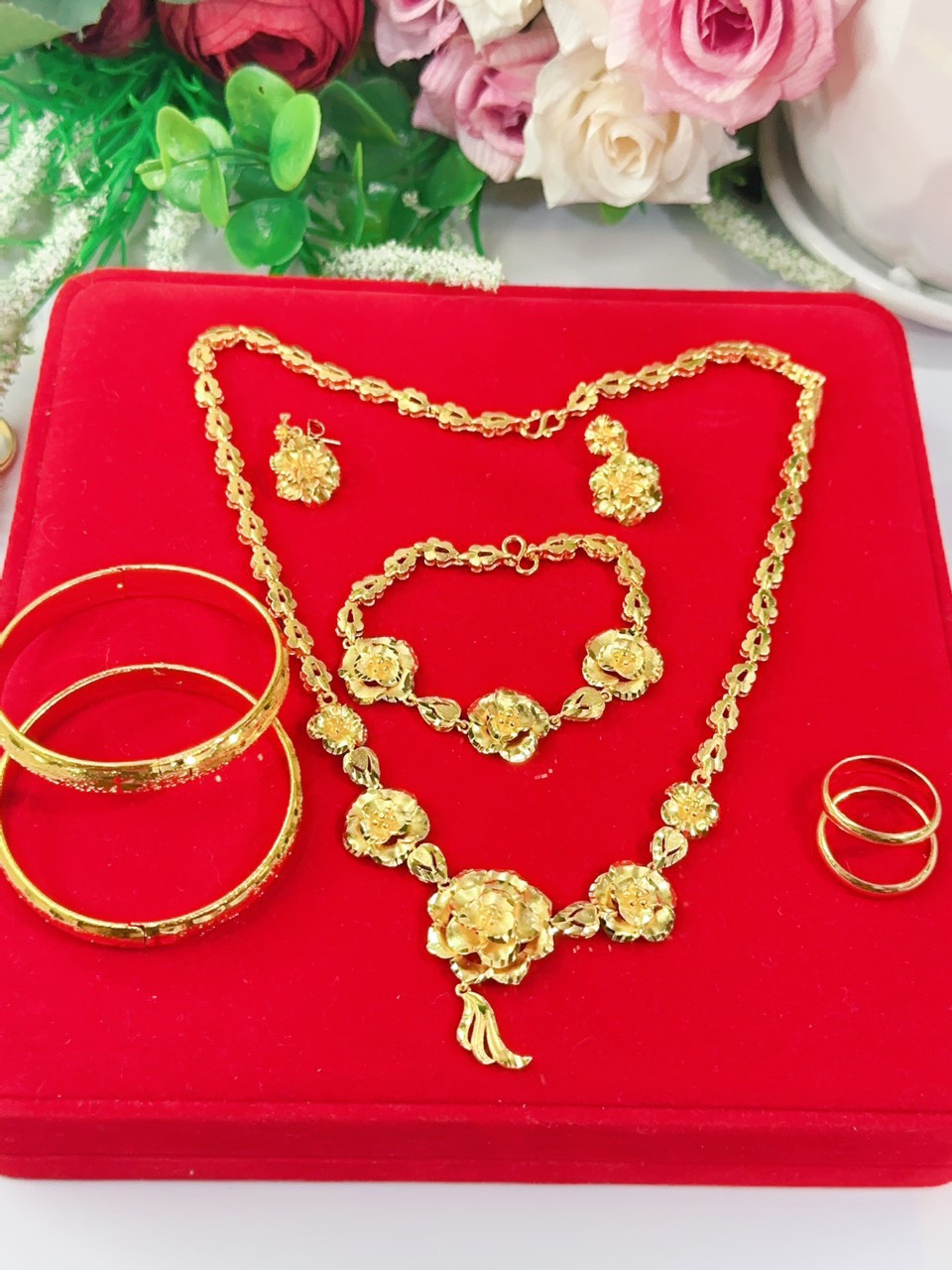 Bộ trang sức cưới hoa mai chuẩn 24.k kèm hộp nhung