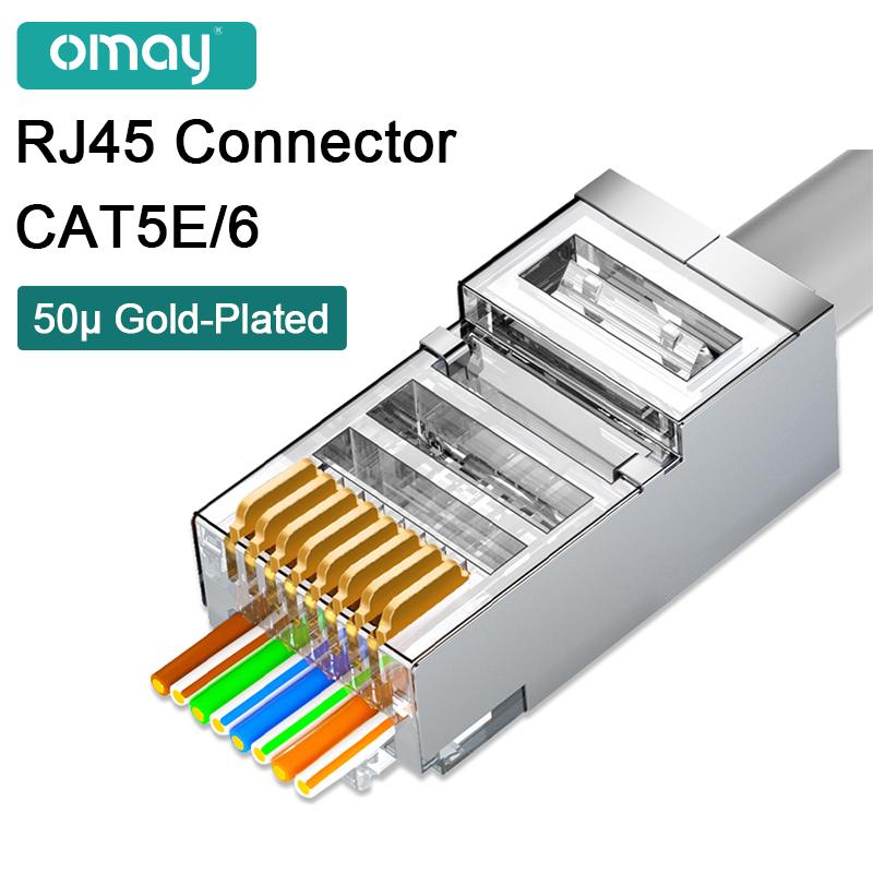 Đầu nối OMAY CAT6/7 CAT5E RJ45 đi qua mạng cắm mô-đun UTP 3/50μ Đầu uốn 8P8C mạ vàng cho cáp Ethernet