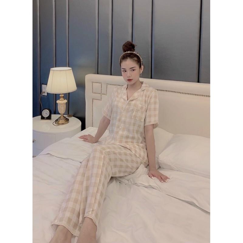 BỘ PIJAMA CHẤT ĐŨI HÀN HOẠ TIẾT KẺ Ô VIỀN REN CAO CẤP
