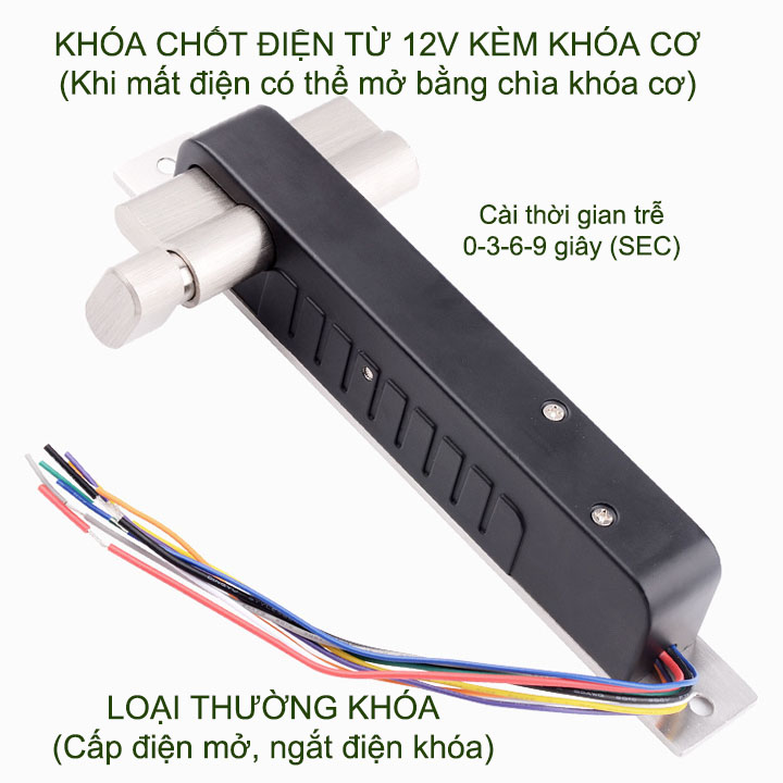 Chốt cửa điện từ thường khóa 12VDC có độ trễ 0-3-6-9 giây, loại 5 dây có kèm cả khóa cơ (mất điện mở bằng chìa khóa cơ)