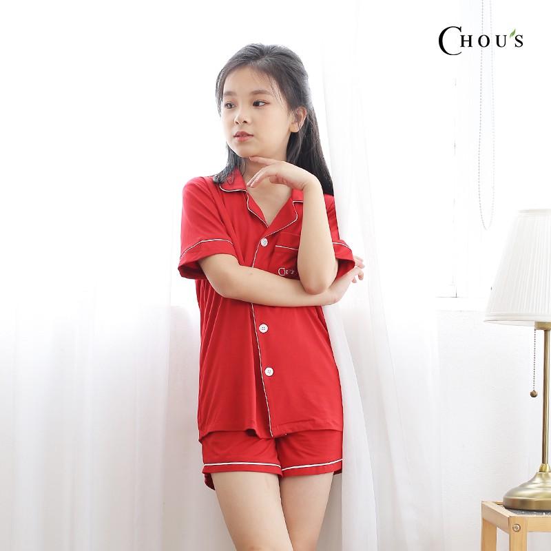 Pyjama kid cộc tay vải bamboo cao cấp Chou's - màu đỏ đô