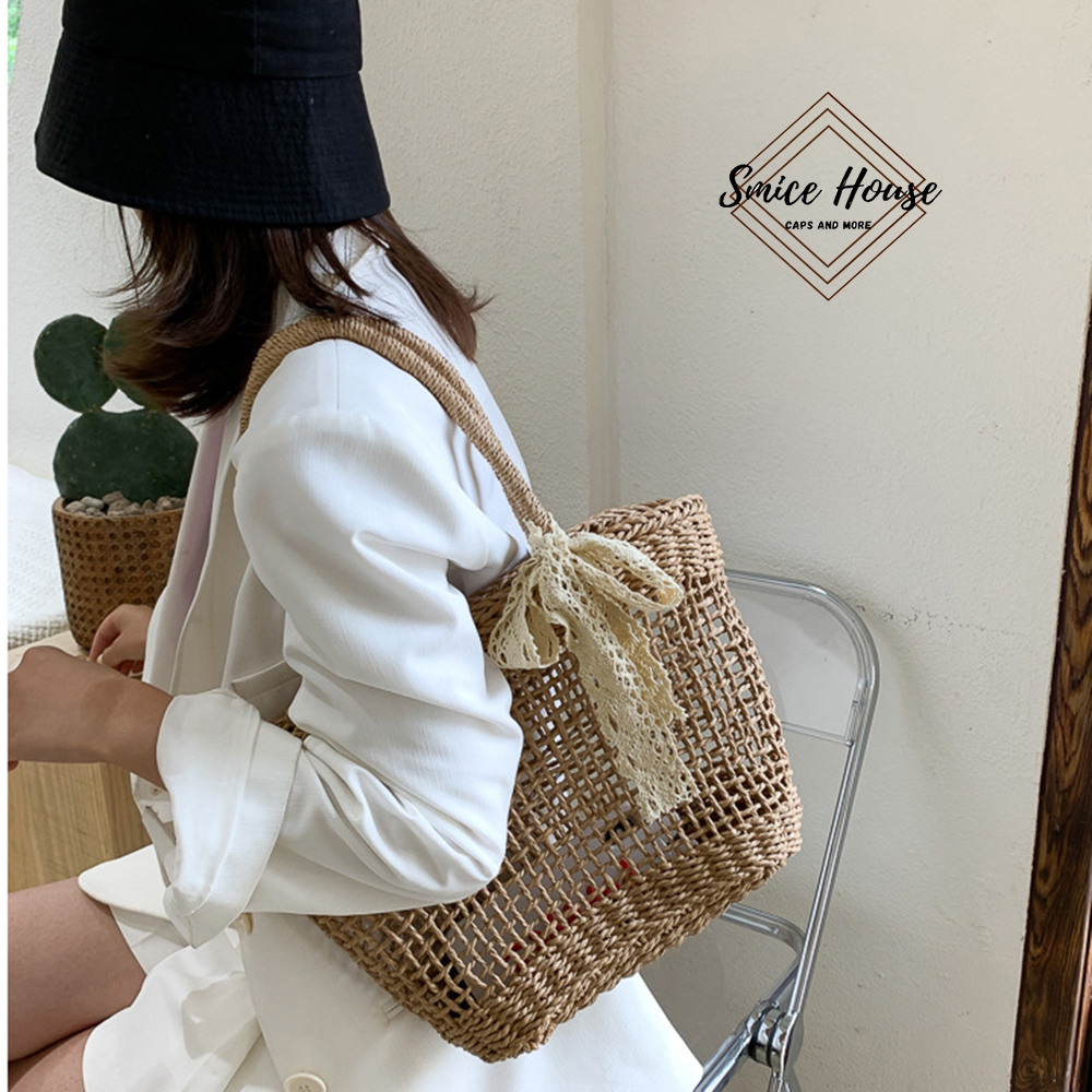 Túi cói đeo vai, làn cói, giỏ mây cầm tay phong cách vintage phối nơ ren để đi biển, chụp hình size to - Smice House