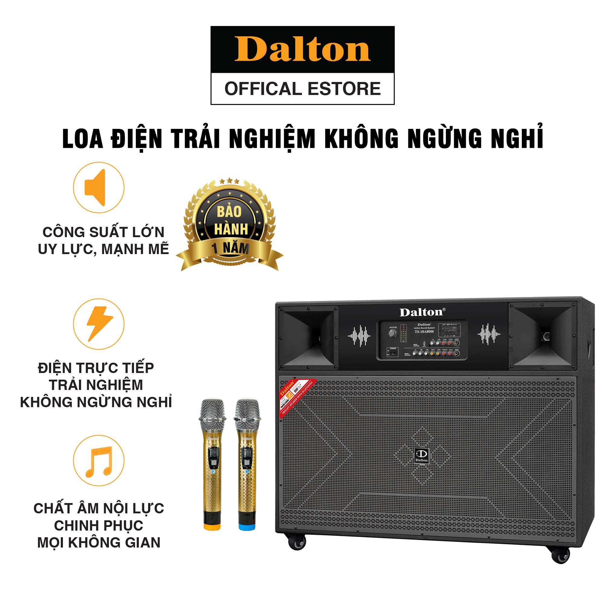 Loa karaoke công suất lớn 3000W, Dalton TS-18A8000 Bass loa 18 inches x 2, hệ thống 4 loa 2 đường tiếng, tặng kèm 2 micro không dây sóng UHF- Bảo hành loa12 tháng. HÀNG CHÍNH HÃNG