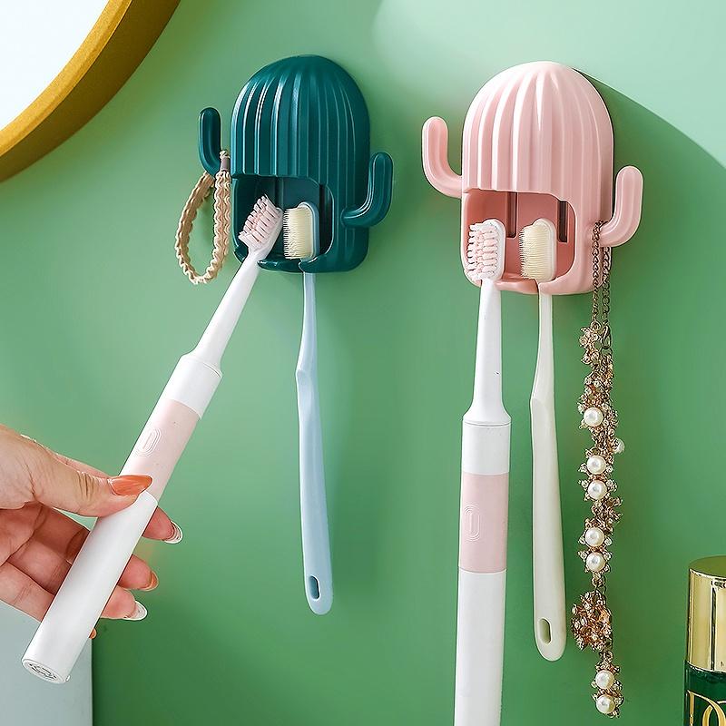 Giá Kẹp Bàn Chải Kèm Móc Treo Dán Tường Hình Xương Rồng Xinh Xắn