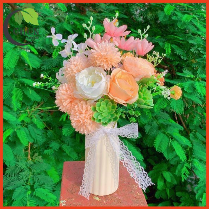 Bình Hoa Lụa Cao 35cm Màu Tươi Sáng Để Bàn, Kệ Tủ, Trang Trí Nhà, Văn Phòng, Cửa Hàng