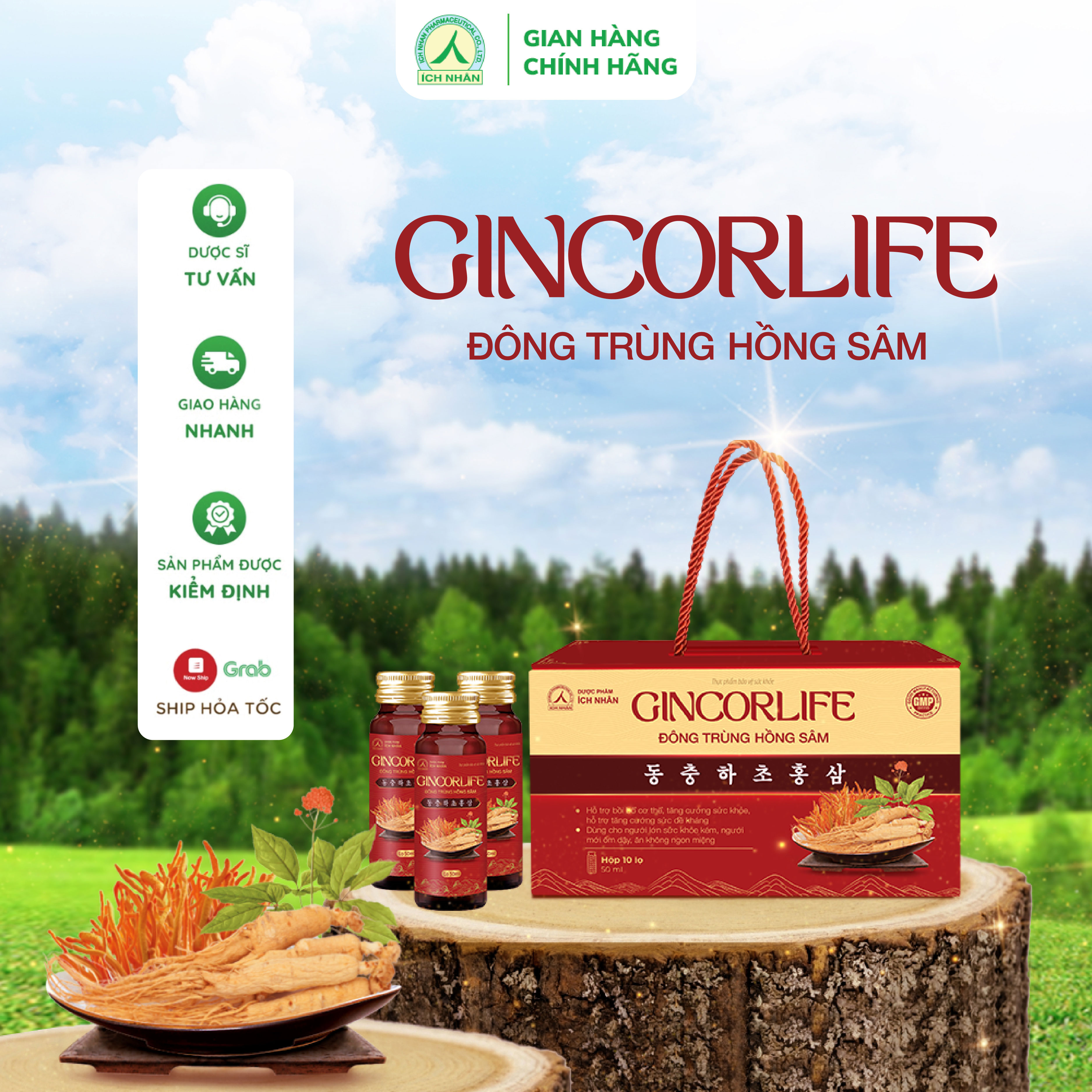 Nước hồng sâm GINCORLIFE Đông Trùng Hồng Sâm bồi bổ cơ thể, tăng cường sức đề kháng, khỏe mạnh hơn hộp 10 chai x 50ml