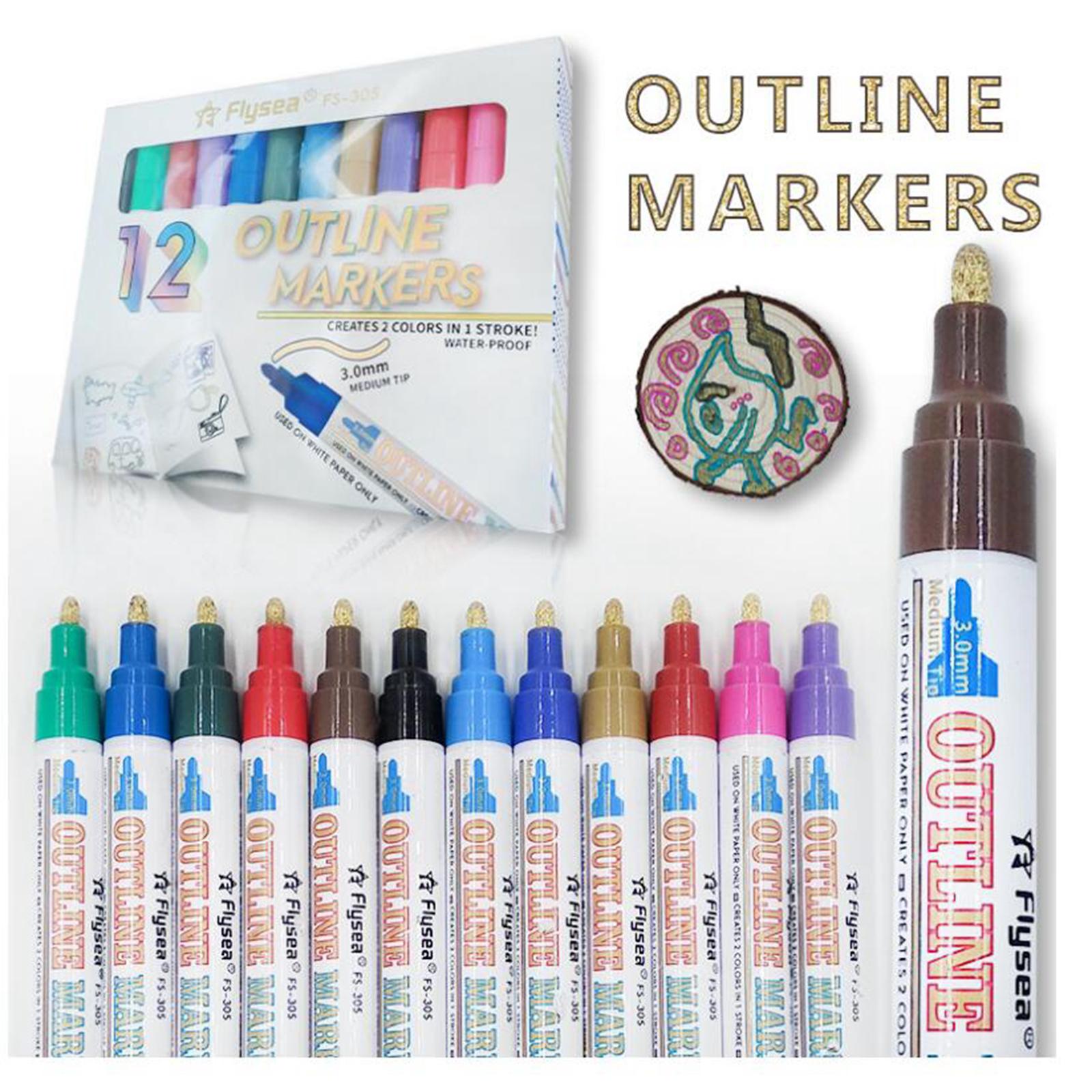 Double Line Outline Pens 12 Colors Self Outline Metallic Markers Double Line Pen for Giftcard Writting Drawing Journal DIY