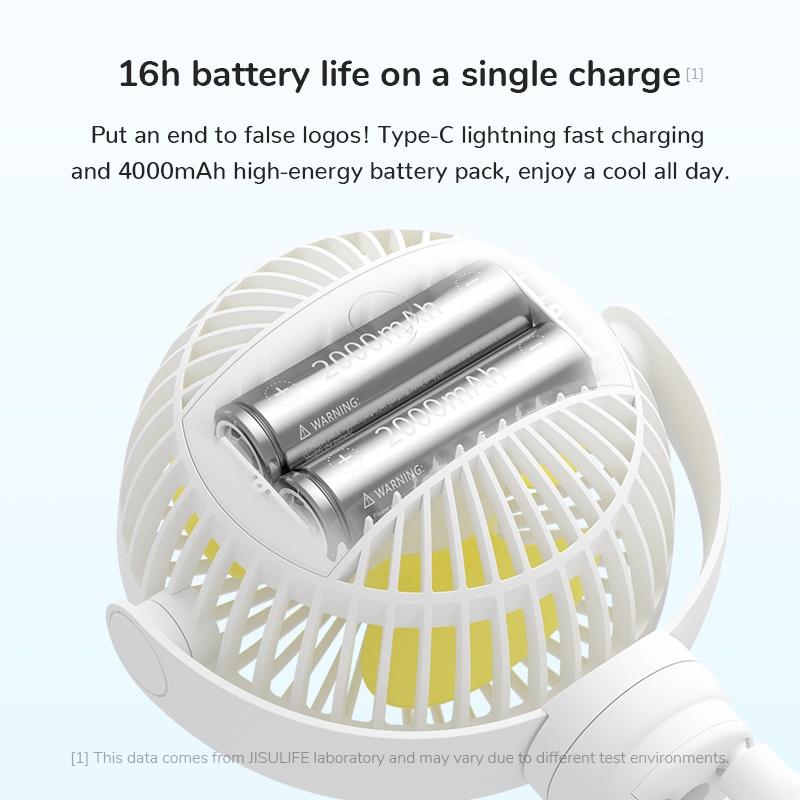 Quạt JISULIFE sạc USB có đế đỡ xoay 360° linh hoạt cho xe đẩy/ cầm tay/ ô tô đa năng-Hàng chính hãng