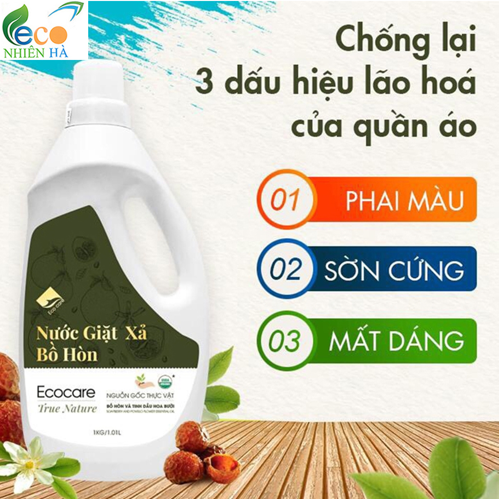 Nước giặt xả ECOCARE 1L tinh dầu bưởi, nước giặt hữu cơ an toàn cho bé, không hại da tay
