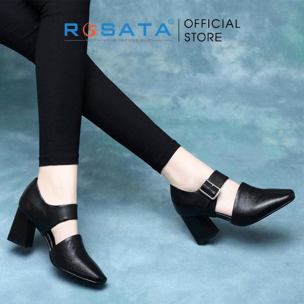Giày boot ROSATA RO224 bốt nữ cổ thấp mũi nhọn quai cài khóa ngang dây to gót cao 7cm màu đen xuất xứ Việt Nam - Đen