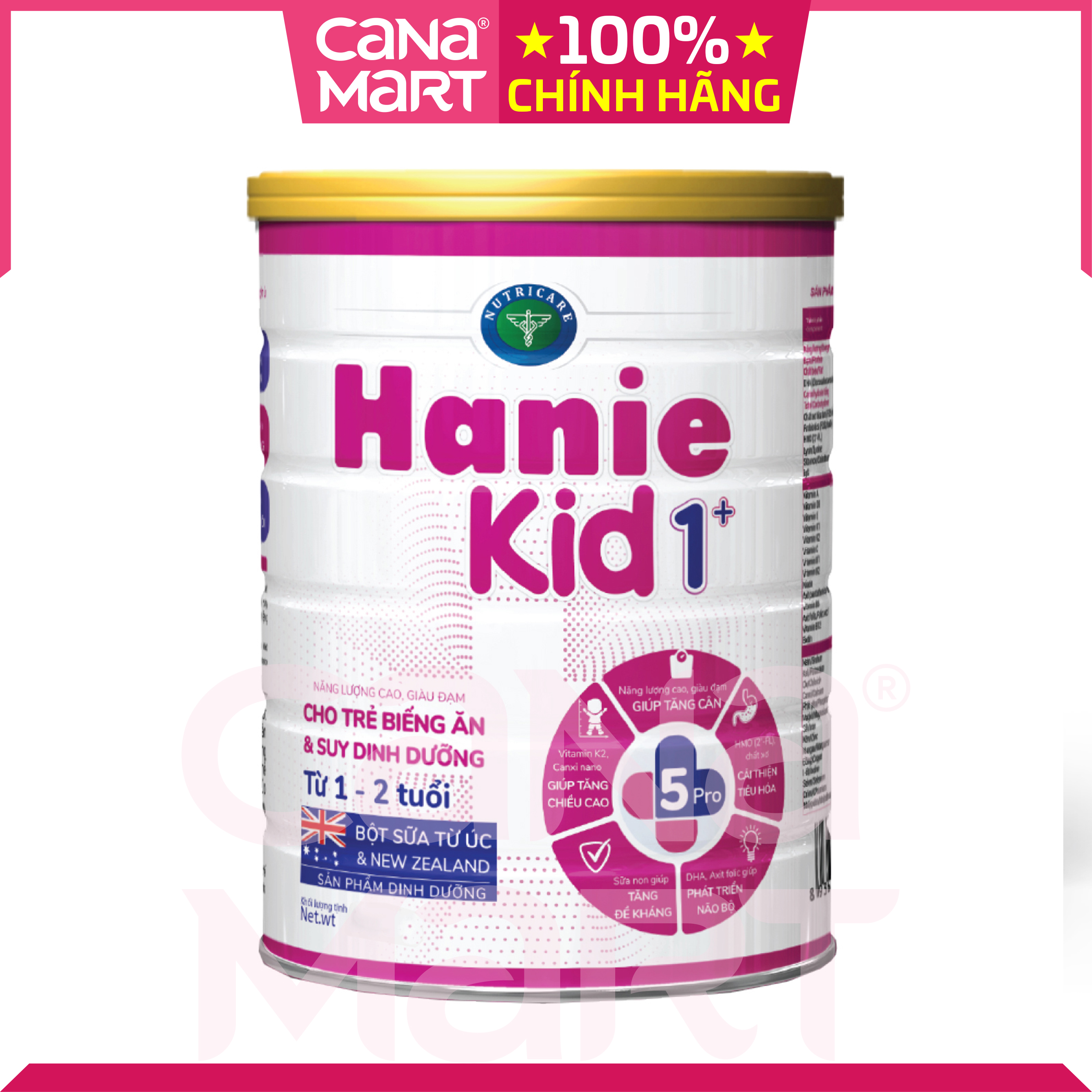 Sữa bột tốt cho bé Nutricare Hanie Kid 1+ dinh dưỡng cho trẻ biếng ăn, suy dinh dưỡng (850g)