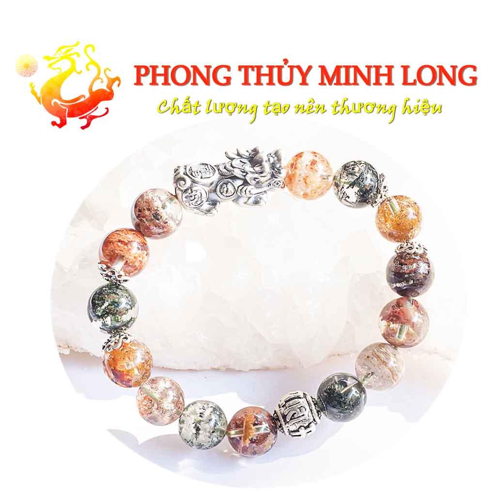 Vòng tay đá. Thach Anh Ưu Linh Đa Sắc chất lượng 5A mix Tỳ Hưu và 1 hạt khắc Kinh Phật bạc Thái