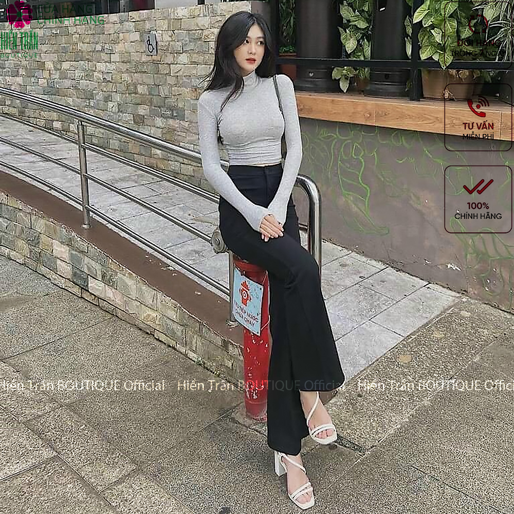 Quần ống rộng Hiền Trần BOUTIQUE lưng cạp cao 1 cúc baggy vải nữ dài suông loe culottes màu đen nâu cafe