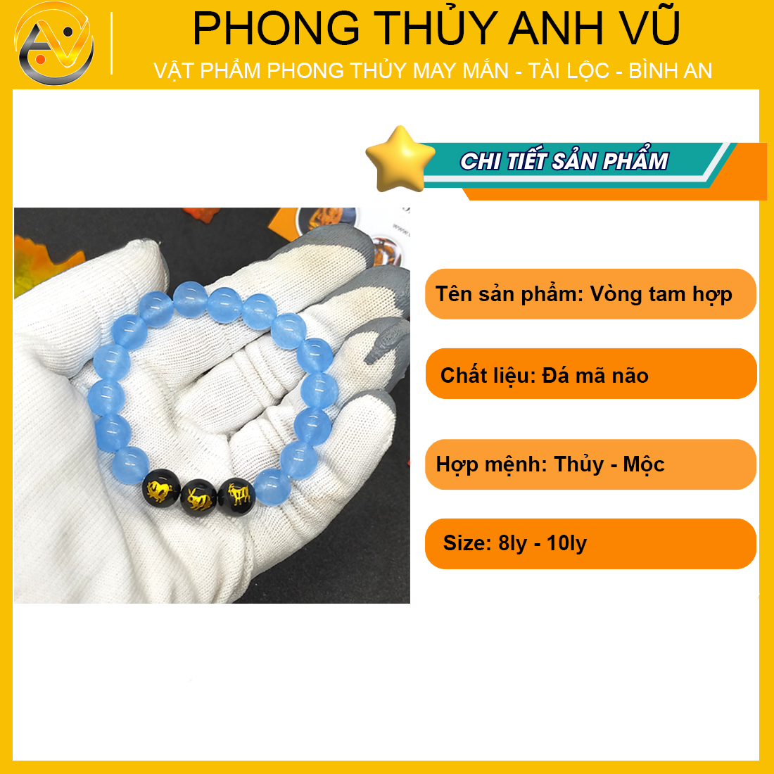 Vòng tay tam hợp hợi mão mùi đã khai quang - chất liệu mã não xanh tự nhiên - size 8 10ly - may mắn tài lộc - Vòng Tam Hợp Anh Vũ