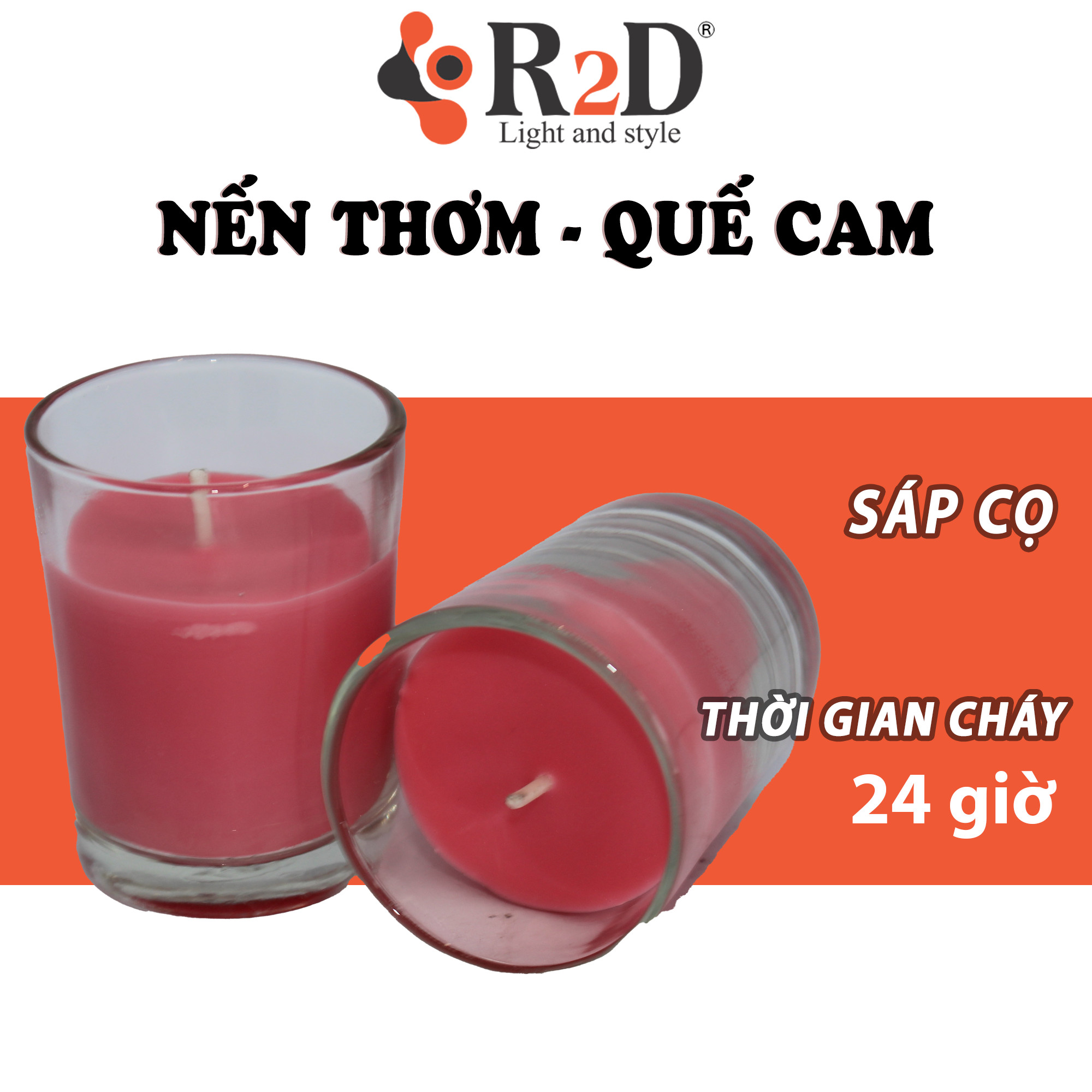 Nến Thơm, Tinh Dầu Quế Cam, [Ly 50g-Hộp 2 ly], Chính Hãng Từ Shop R2D, Thành Phần Tự Nhiên, Lành Tính.