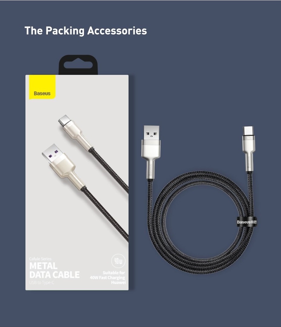 Dây sạc nhanh Baseus 40W Type C, Cáp sạc nhanh Baseus PD 40W Metal Charging Cables USB To Type-C Charger Data Line - Hàng chính hãng