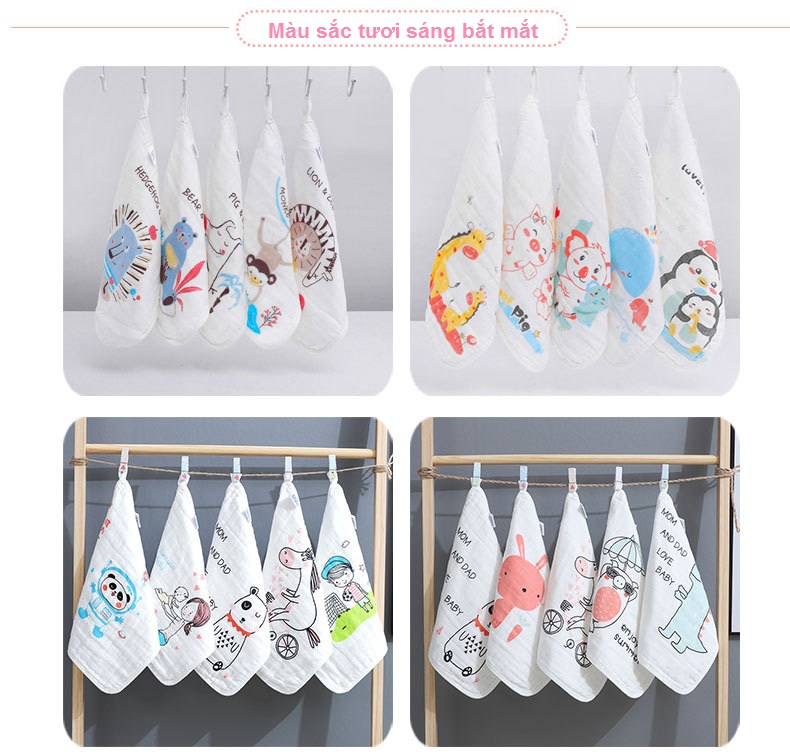 Combo 5 Khăn Sữa Sợi Bông Cotton Mềm Mại Cho Da Em Bé 30*30cm - Hàng Chính Hãng (Giao Mẫu Và Màu Ngẫu Nhiên)