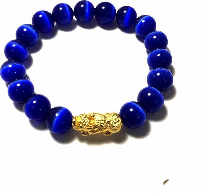 Vòng tay phong thủy đá mắt mèo màu xanh nước kèm cham tì hiu bạc mạ vàng 24k cao cấp cho người mệnh mộc - mệnh thủy - VPT28A- Bạc QTJ