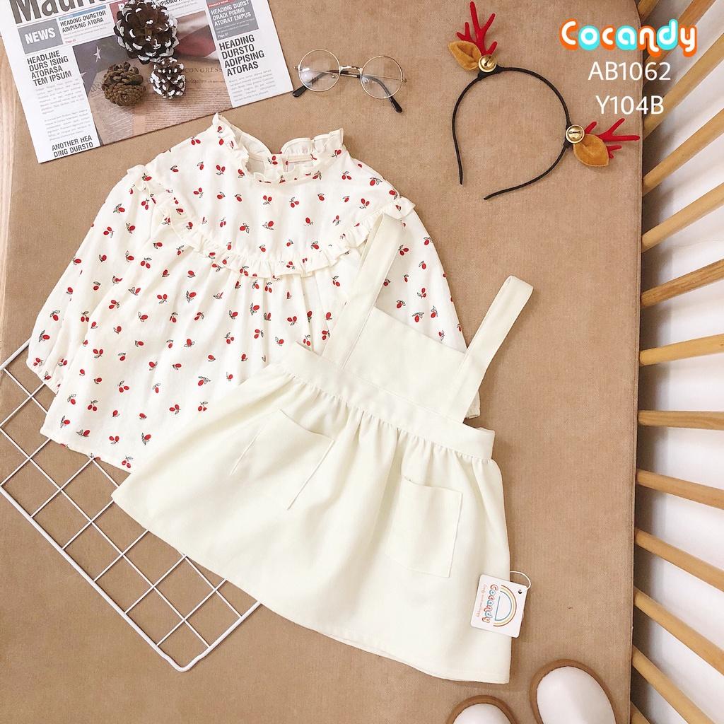 Set đồ cho bé -Áo babydoll trắng cherry đỏ và váy yếm nhung be cho bé của COCANDY mã AB106201, Y104B