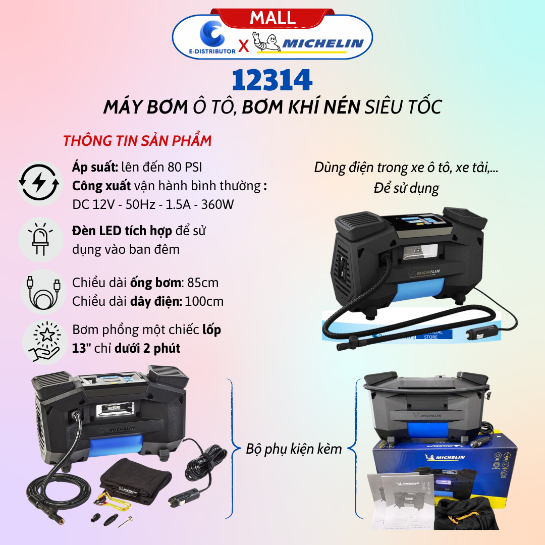 Máy Bơm Lốp Đa Năng Kỹ Thuật Số Tự Ngắt Piston Đôi 12V Michelin 12314