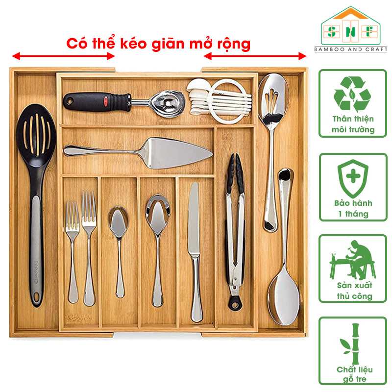 Khay chia ngăn kéo tủ bếp có thể kéo giãn cao cấp, khay chia muỗng đũa thìa dĩa bằng gỗ tre, khay đựng muỗng đũa