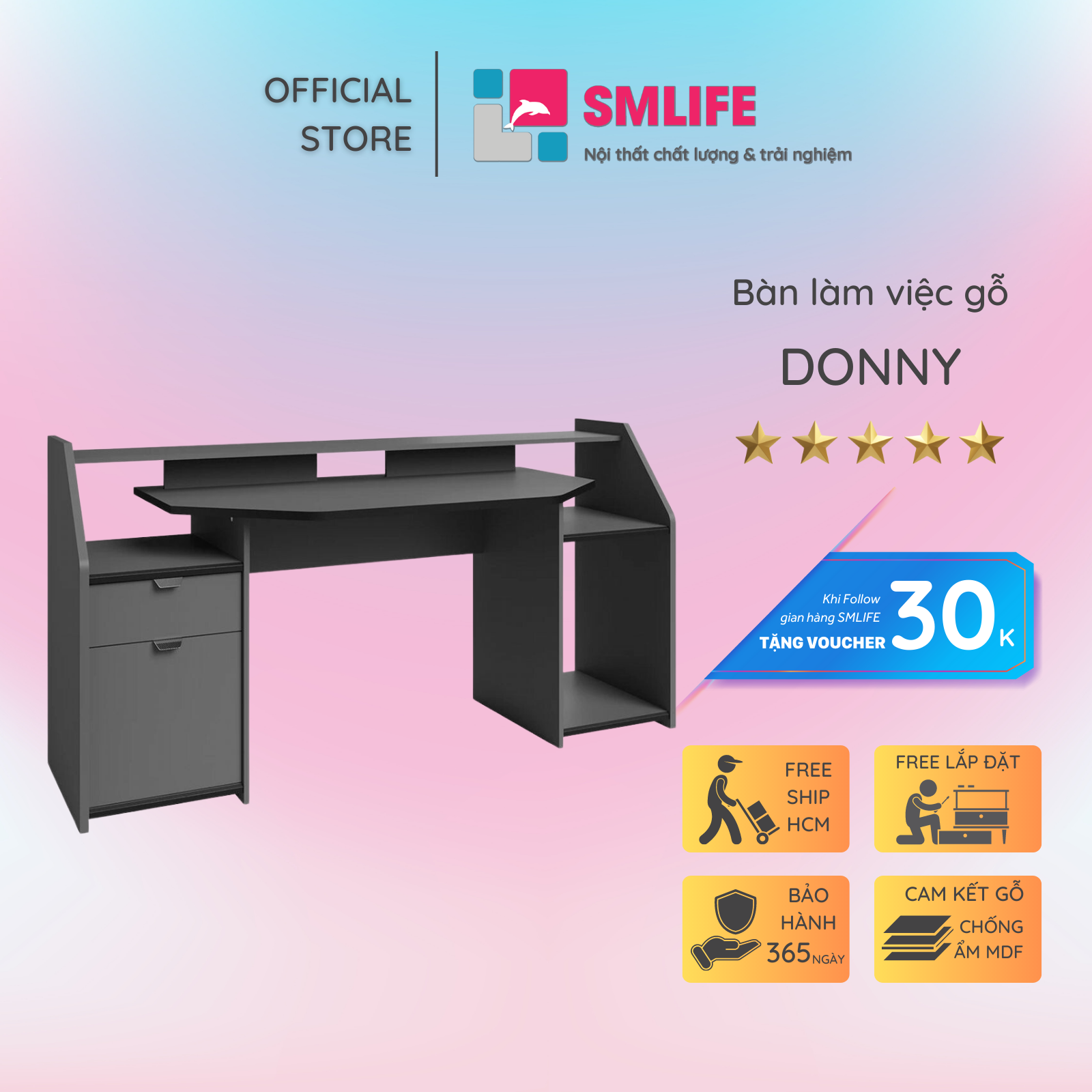 Bàn làm việc, bàn học gỗ hiện đại SMLIFE Donny | Gỗ MDF dày 17mm chống ẩm | D180xR67.6xC92cm