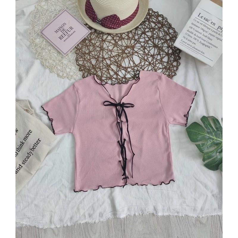Áo croptop đan dây mắt cáo, ảnh thật trải sàn