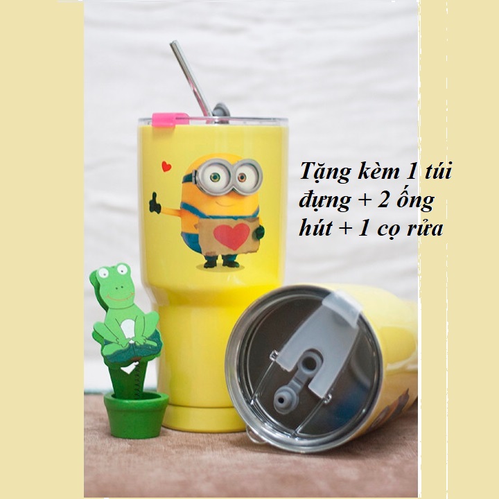 Ly Giữ Nhiệt Chân Không Cao Cấp Hình MINION Siêu Dễ Thương Màu Vàng  (Gồm Ly giữ nhiệt + túi đựng ly cùng mẫu + 2 ống hút inox + 1 cọ rửa )