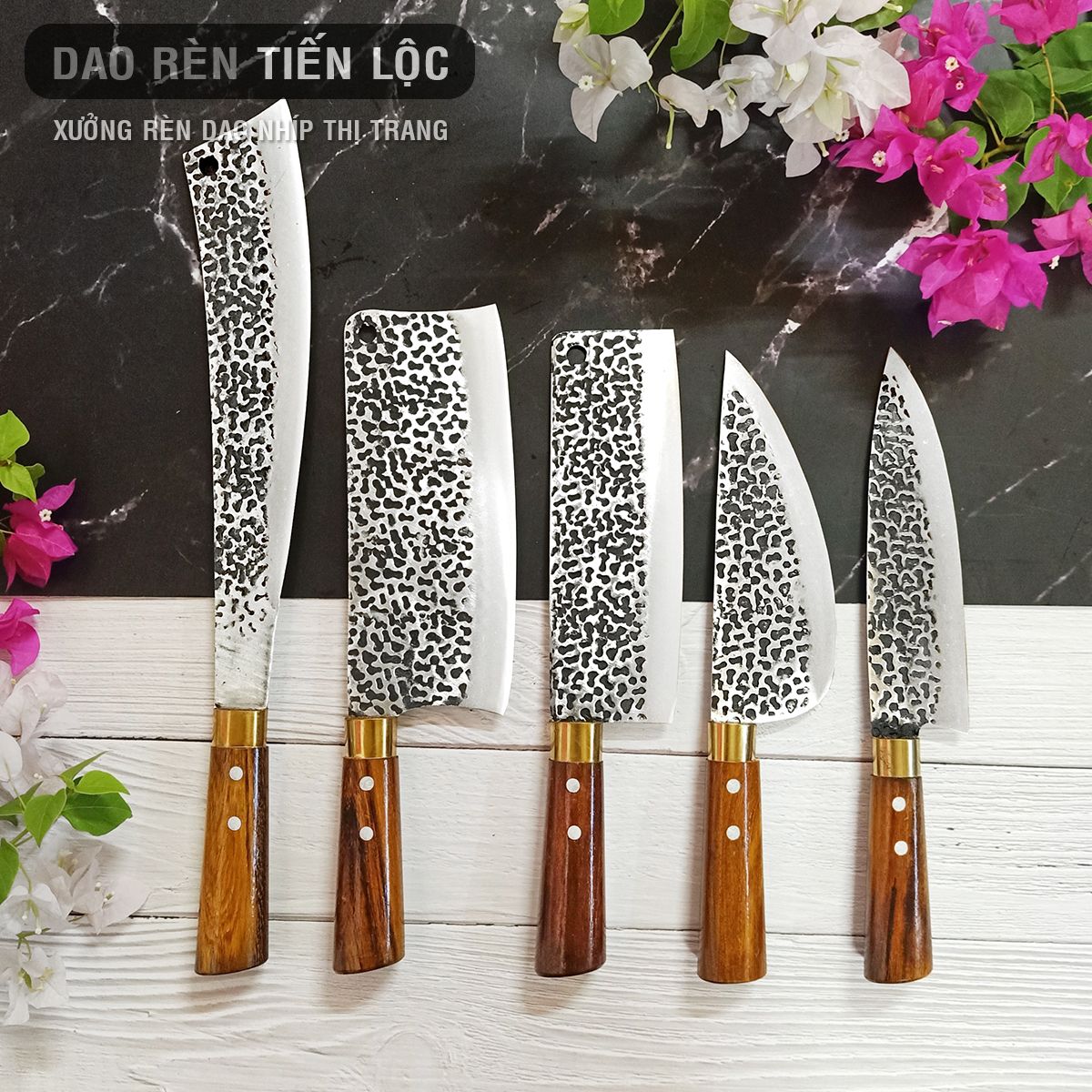 Bộ Dao Nhà Bếp Thép Nhíp Cao Cấp - 5 Dao Chặt Cây, Chặt Xương, Thái Lọc Thịt - Cán Gỗ Cẩm