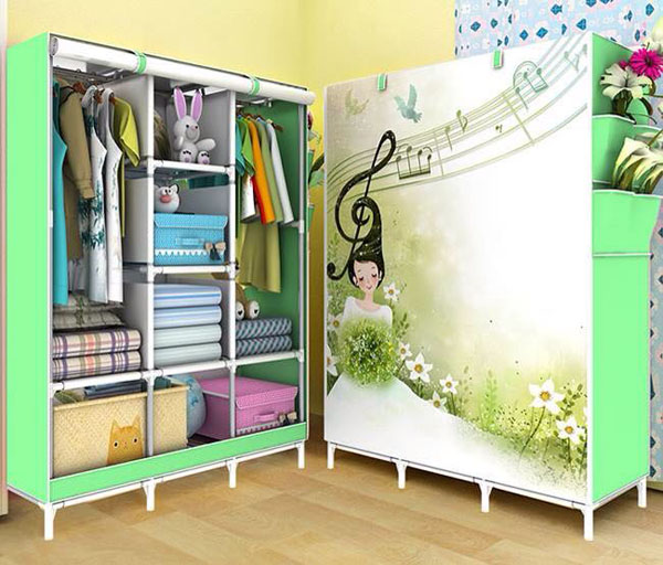 Tủ vải lắp ghép họa tiết 3D đựng quần áo gấp gọn, có 2 khoang treo đồ, thiết kế rộng rãi, phù hợp cho gia đình, người nhiều quần áo - Tủ vải khung thép 3 buồng 8 ngăn đựng