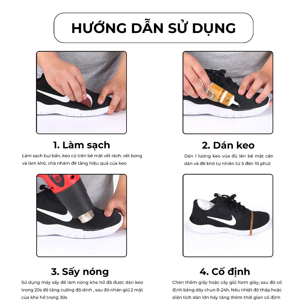 Keo dán giày bền chặt, chống thấm hiệu quả. thiết kế nhỏ gọn, tiện lợi