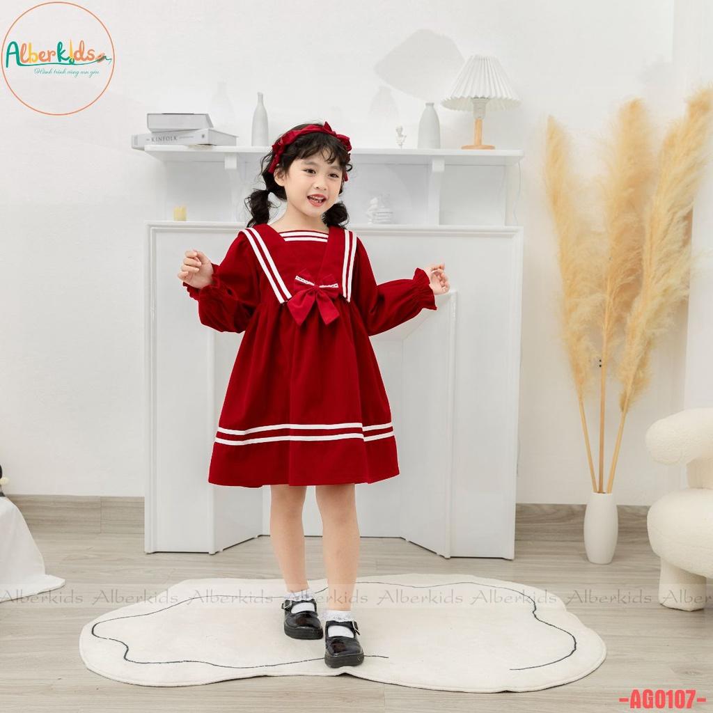 Váy bé gái ALBERKIDS thu đông dài tay đỏ phối kẻ trắng xinh đẹp cho trẻ em gái từ 2,3,4,5,6,7,8,9,10,11,12 tuổi AG0107