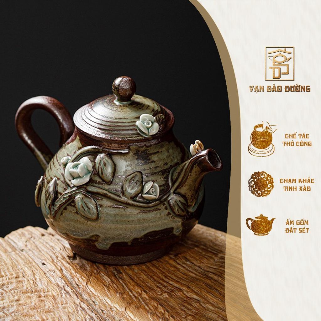 Bộ ấm chén trà gốm Vạn Bảo Đường chế tác thuần thủ công đắp hoa nổi - VBD048